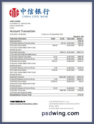 China Citic Bank Corp Bank Statement (Excel)